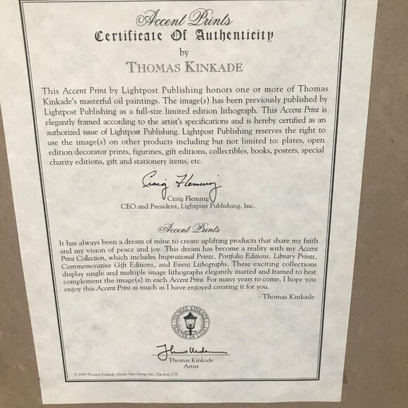 Vintage Thomas Kinkade Hope Lighthouse Accent Print Framed Matted COA Art 2000 - Picture 8 of 13